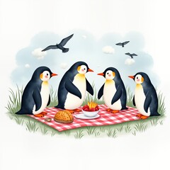 Obraz premium Cute penguins enjoy summer picnic outdoors. Family of penguins gather on red, white checkered blanket. Share food like fruit, cookies. Scene whimsical, shows celebration joyful gathering. Happy