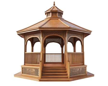 a wooden gazebo with a roof and stairs
