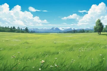 Obraz premium Serene Landscape with Green Field, Wildflowers, and Blue Sky, Mountains and Trees in the Background