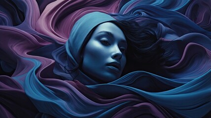 Portrait of a woman immersed in swirling blue and purple patterns, conveying a sense of dreaminess and mystery.