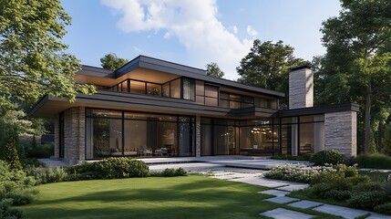 Fototapeta premium Modern House with Stone Facade and Expansive Windows