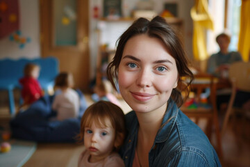 Obraz premium Generative AI Image of Nanny in Nursery Room Creating Warm Learning Environment for Children