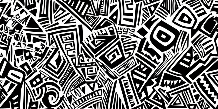 Black white abstract pattern various geometric shapes lines of tribal designs