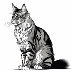 Detailed black-and-white illustration of a majestic Maine Coon cat sitting upright, showcasing intricate fur patterns and a regal pose, drawn with fine linework on a plain white background.