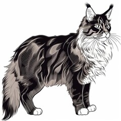 Obraz premium Detailed black-and-white illustration of a majestic Maine Coon cat sitting upright, showcasing intricate fur patterns and a regal pose, drawn with fine linework on a plain white background.
