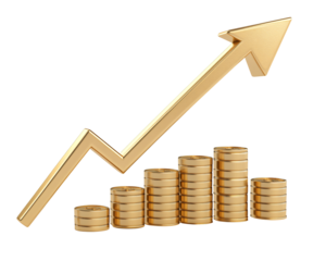 a gold arrow pointing up to stacks of coins