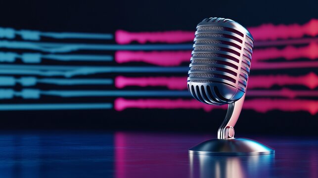 Vocal microphone with a dynamic audio waveform visual set against a minimalistic background ideal for podcast or radio broadcast promotions