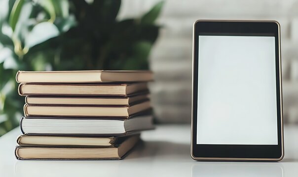 Modern e book next to stack of books on white background Focus on training, Generative Ai
