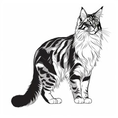 Obraz premium Detailed black-and-white illustration of a majestic Maine Coon cat sitting upright, showcasing intricate fur patterns and a regal pose, drawn with fine linework on a plain white background.