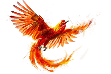 Colorful fiery phoenix bird set against a dramatic fiery backdrop isolated on transparent background