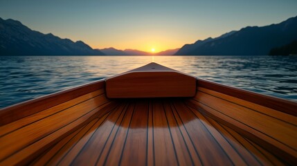 Wooden Boat Bow View at Sunset Over Lake and Mountains