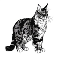 Fototapeta premium Detailed black-and-white illustration of a majestic Maine Coon cat sitting upright, showcasing intricate fur patterns and a regal pose, drawn with fine linework on a plain white background.