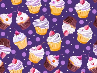 Seamless pattern of purple frosted cupcakes with rich swirls of icing, accented by scattered berry-like decorations, displayed on a vibrant lilac background for dessert-inspired designs.