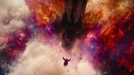 A Dramatic Scene of a Vibrant Explosion with Fiery Colors and a Figure in Free Fall Against a Cosmic Backdrop of Smoke and Debris