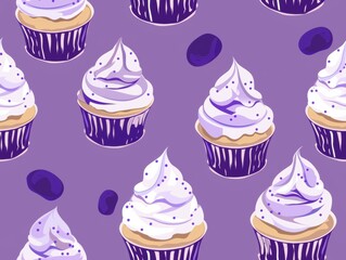 Seamless pattern of purple frosted cupcakes with rich swirls of icing, accented by scattered berry-like decorations, displayed on a vibrant lilac background for dessert-inspired designs.