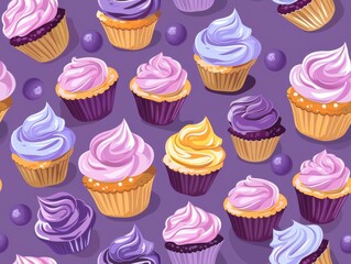 Seamless pattern of purple frosted cupcakes with rich swirls of icing, accented by scattered berry-like decorations, displayed on a vibrant lilac background for dessert-inspired designs.
