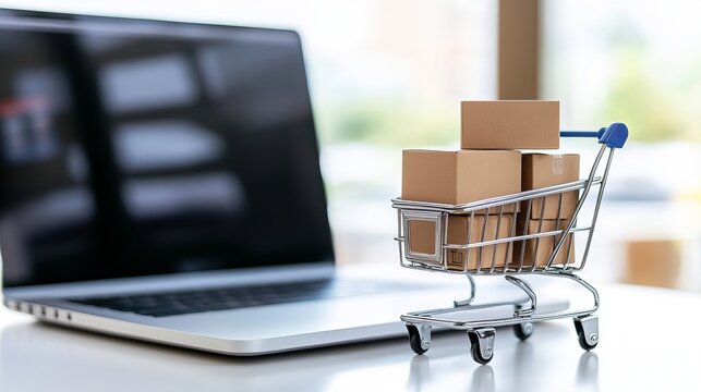 White table setup featuring a laptop and a miniature cart representing Black Friday online shopping sales - Powered by Adobe