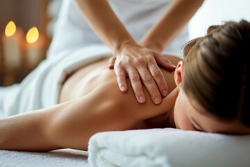 Young person relaxing on bed in spa salon and getting massage generative ai