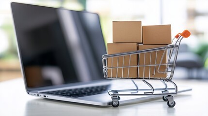 White table setup featuring a laptop and a miniature cart representing Black Friday online shopping sales