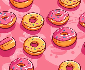 Vibrant pattern of golden donuts topped with glossy pink icing and colorful sprinkles, arranged on a playful pink background, ideal for sweet-themed designs.