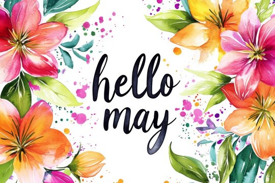 Digital illustration words "Hello May" written cursive font MAY", spring colorful - Powered by Adobe