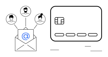 Envelope with an email icon linked to three user profile icons. Credit card displaying chip and digits. Ideal for contact management, payments, customer service, e-commerce, digital marketing