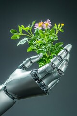 Metallic Hand Cradles Delicate Spring Flowers, Symbolizing the Fusion of Technology and Nature