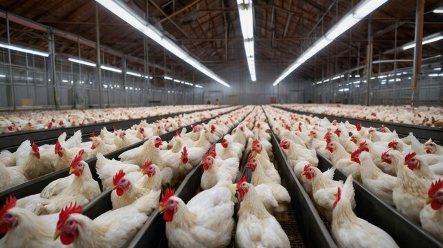 Here's a  and keyword list for your stock photo.. Rows of white chickens in a modern poultry farm.