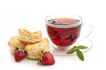 Tea Biscuits Strawberries and a Refreshing Beverage
