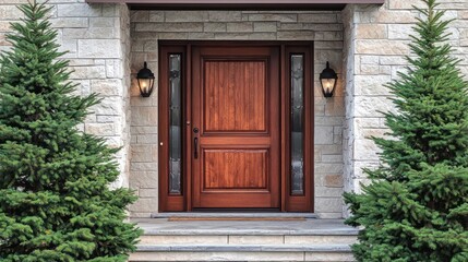 Swiss-inspired entrance with a wood door, stone walls, and evergreen trees.