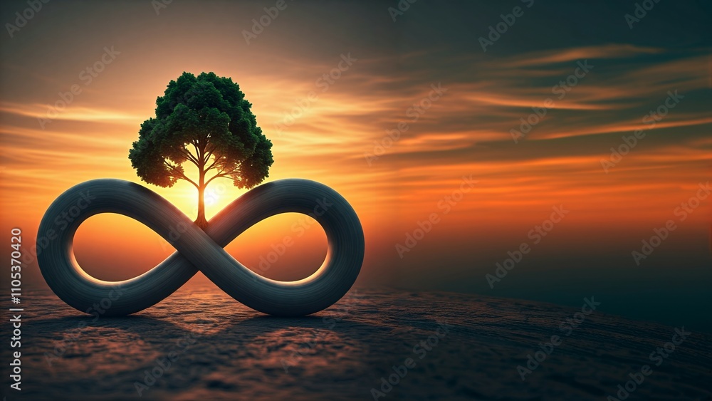 Poster a 3d infinity symbol with a tree growing from the loop against a sunset sky.
