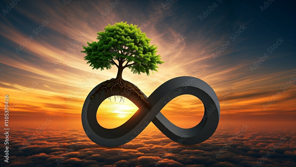 Poster a 3d infinity symbol with a tree growing from the loop against a sunset sky.