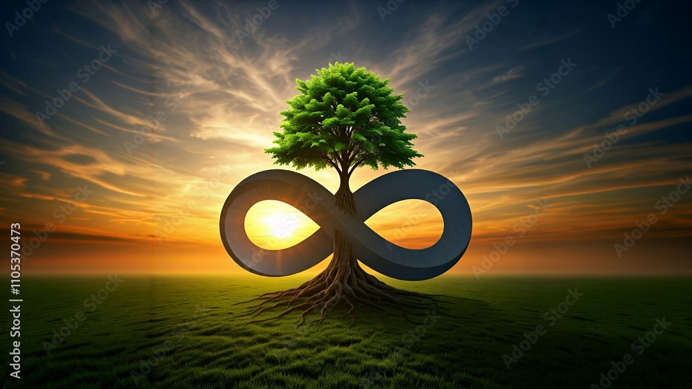 Poster a 3d infinity symbol with a tree growing from the loop against a sunset sky.