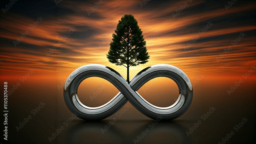 Poster a 3d infinity symbol with a tree growing from the loop against a sunset sky.
