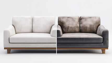 Fototapeta premium A blue sofa shown in a split image with one side dirty and the other side clean after dry cleaning 3D illustration concept