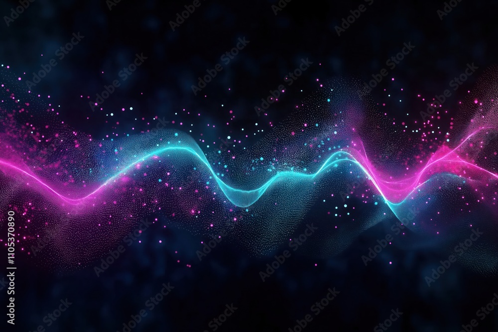 Poster abstract illustration shows dynamic pink, blue frequency waves. particles move in medium. dark backg