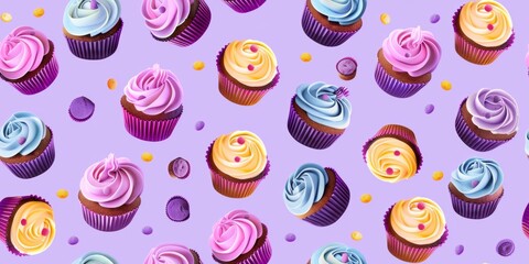 Seamless pattern of purple frosted cupcakes with rich swirls of icing, accented by scattered berry-like decorations, displayed on a vibrant lilac background for dessert-inspired designs.