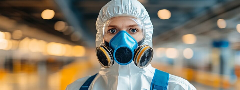 Worker in Protective Gear:Adhering to NF X 46 020-Asbestos Inspection.Concept of Safety,health,hazard identification,industrial hygiene,Environmental health and safety, asbestos abatement.