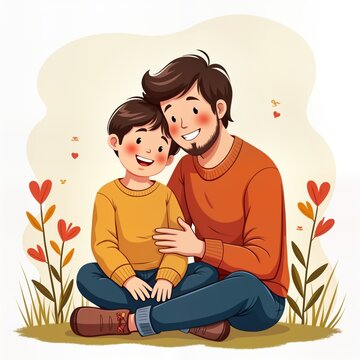 recommend clip art: Happy father, son sit together. Father Day clip art. Cute boy, dad. Family love. Warmly. Father hugs son. Smiling faces. Gentle moment. Joyful. Children affection. Good mood. Warm relationship.