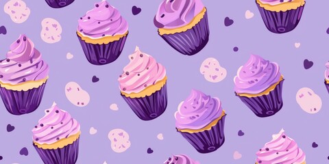 Seamless pattern of purple frosted cupcakes with rich swirls of icing, accented by scattered berry-like decorations, displayed on a vibrant lilac background for dessert-inspired designs.