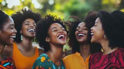 Joyful group of African women laughing together in vibrant attire, celebrating friendship.