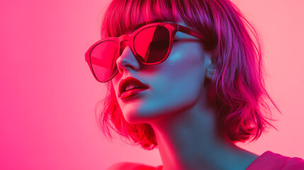 Fototapeta premium A young woman with short hair poses confidently in stylish sunglasses against a vibrant pink and blue gradient background