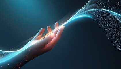 Hand emitting energy waves with a glowing effect, symbolizing power, technology, or healing, set against a dark background.

