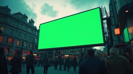 a billboard in london that is completely green. there are lots of people underneath the billboard looking up at it. it is dusk.
