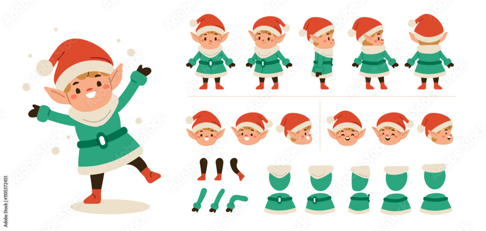 Poster christmas elf holiday character constructor for animation. front, side and back view set. body parts