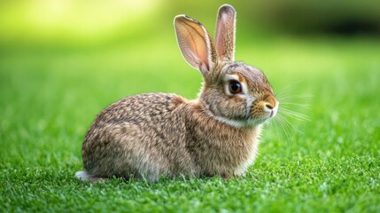 Fototapeta premium A calm rabbit resting in its habitat, set on a sleek green screen for customizable visuals