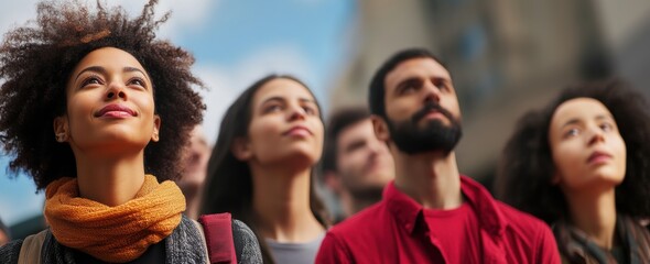 Obraz premium Diverse group gazing upwards, expressing hope and curiosity against a bright sky.
