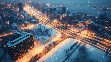 Obraz premium A winter cityscape at night with glowing streetlights casting shadows over snow-covered roads and buildings.