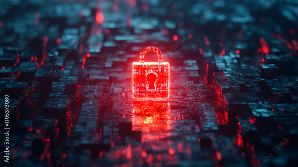 Aufkleber red glowing digital padlock symbolizes cybersecurity and data protection on a futuristic circuit boa