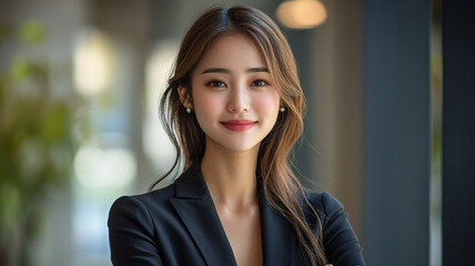 Fototapeta premium Professional female executive smiling in modern office ai generated portrait vibrant environment positive vibe